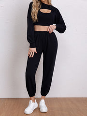 Casual 3pc Set: Cropped Long Sleeve Tops, Tank Top & Jogger Pants