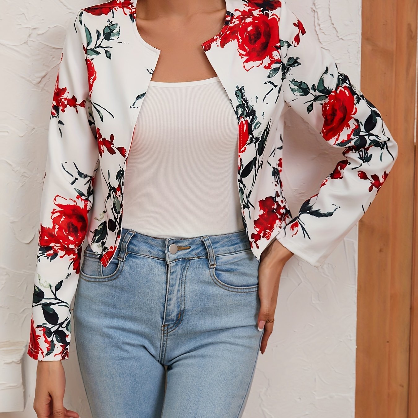 Floral Print Open Front Crop Jacket for Women