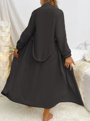 Solid Flannel Night Robe Long Sleeve V Neck Belt Women's Sleepwear