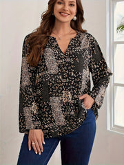 Boho Blouse Women's Plus Patchwork Print Long Sleeve Shirt Top