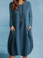 Solid Long Sleeve Round Neck Dress With Pockets