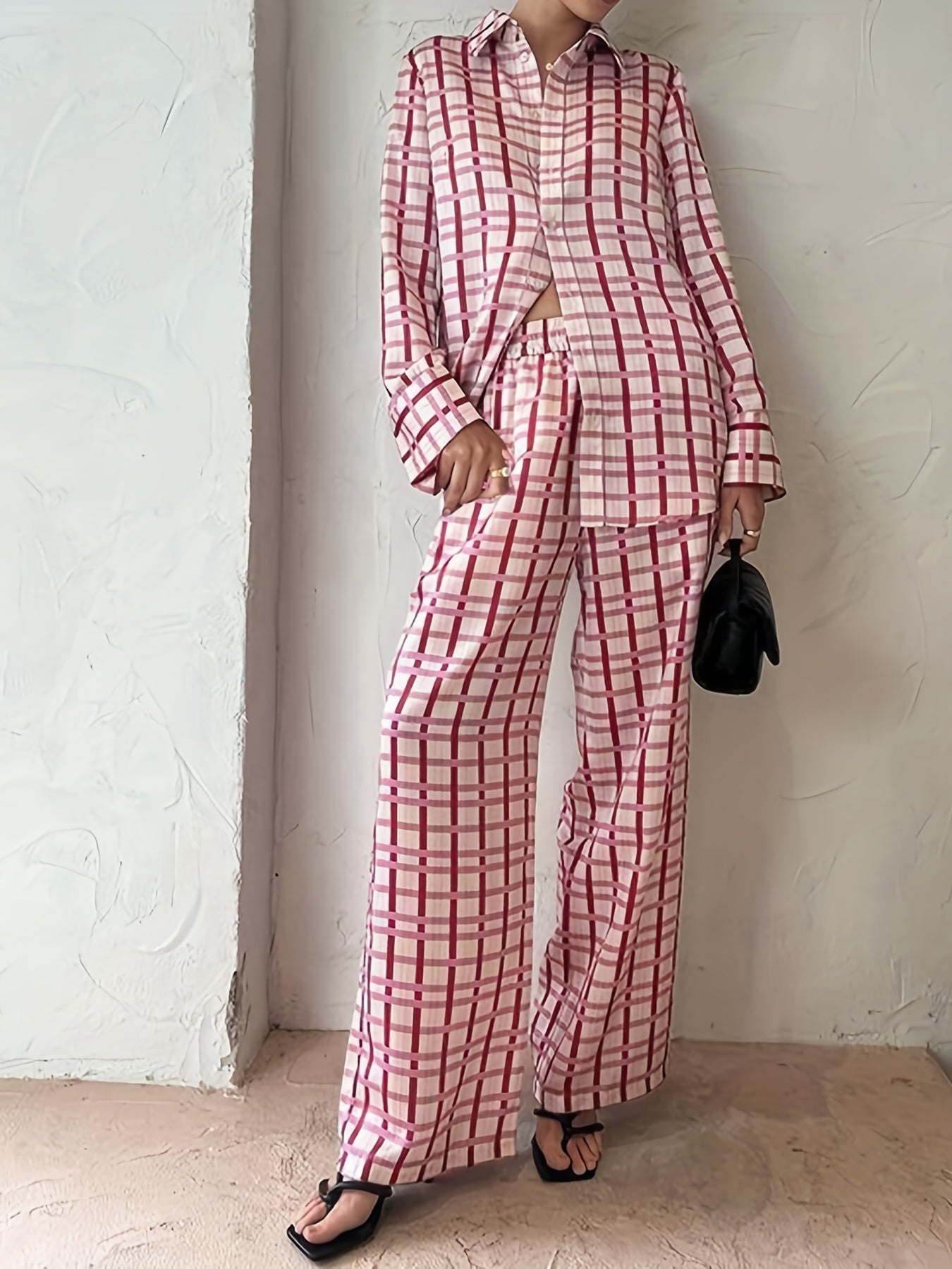 Women's Plus Plaid Button Up Shirt & Wide Leg Pants Set
