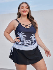Tropical Print Tankini Set Lace Up Cami Top & Skirt Swimsuit