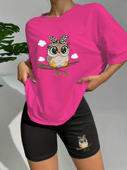 Owl Print Lounge Set Short Sleeve Crew Neck Top & Elastic Shorts