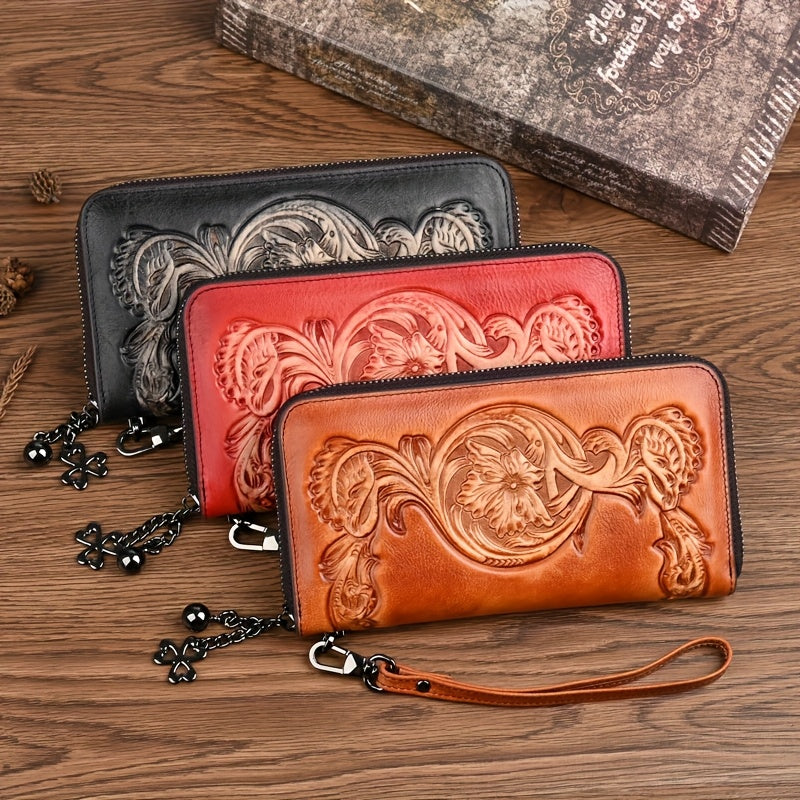 Vintage Floral Print Leather Wallet Women Zippered Clutch Red Brown