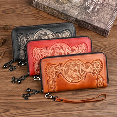 Vintage Floral Print Leather Wallet Women Zippered Clutch Red Brown
