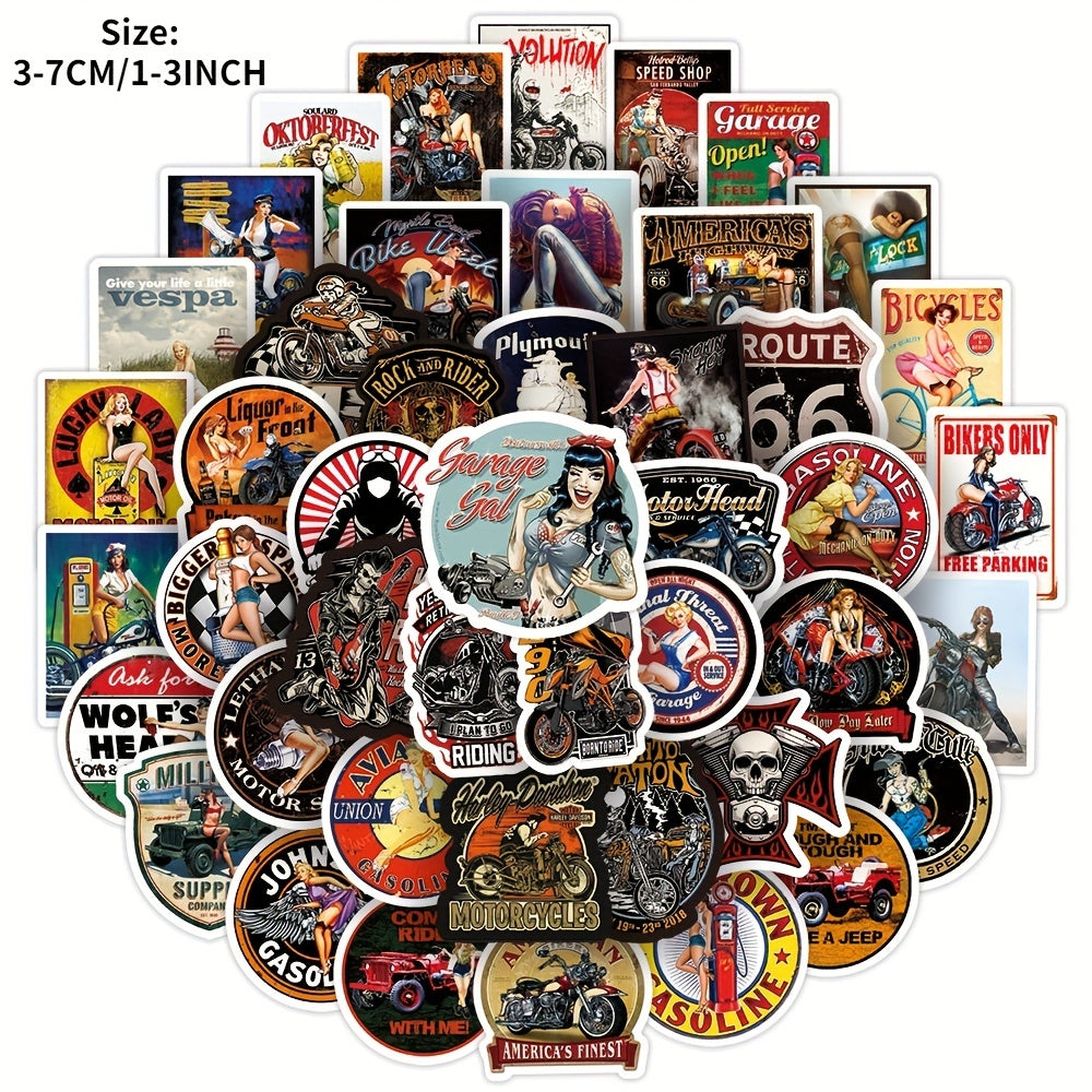50pcs Retro Motorcycle Girl Series Waterproof Sticker for Laptop Desktop Cup