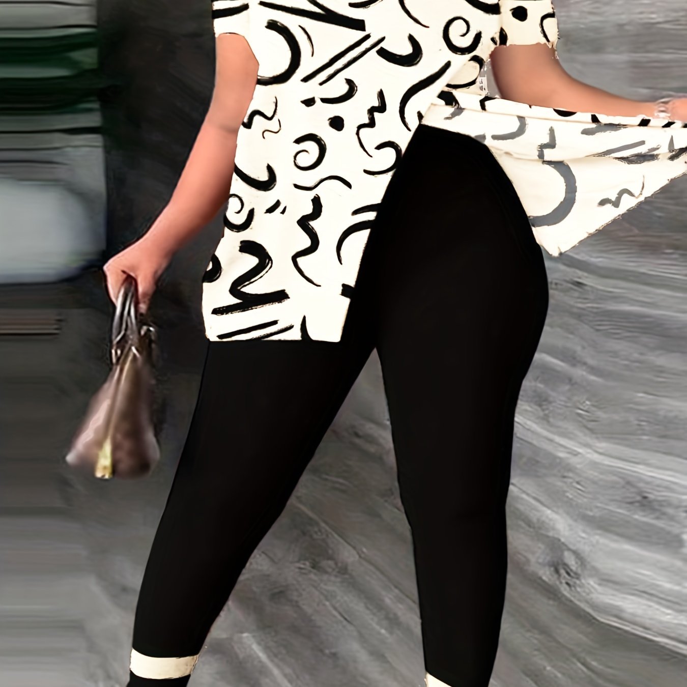 Abstract Print Slanted Shoulder Set with High Waist Pants