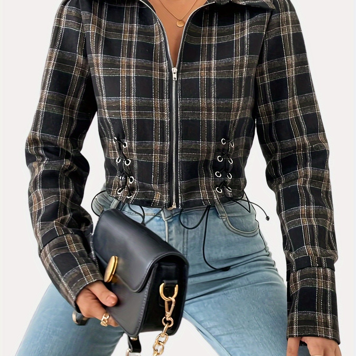 Plaid Drawstring Jacket Zip Up Casual Coat