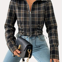 Plaid Drawstring Jacket Zip Up Casual Coat