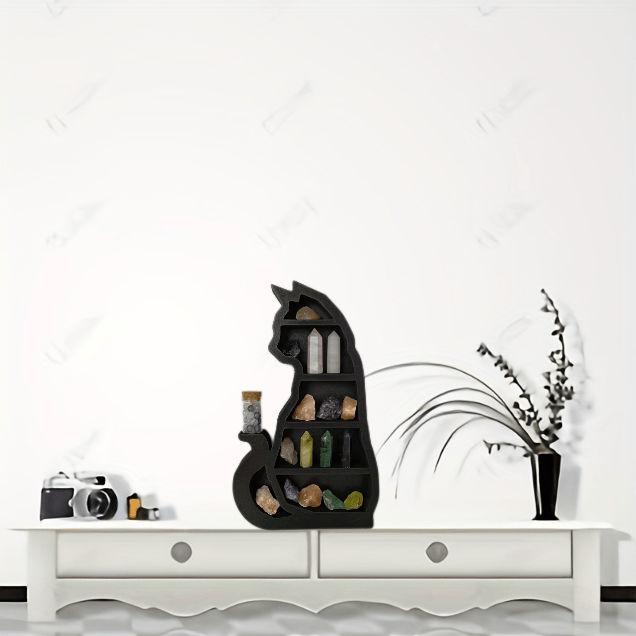 Short Tail Cat Crystal Holder Wooden Wall Mounted Crystal Rack Tabletop Desk Org