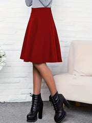 Solid Pleated Skirt Slim Waist Knee Length Women's Clothing