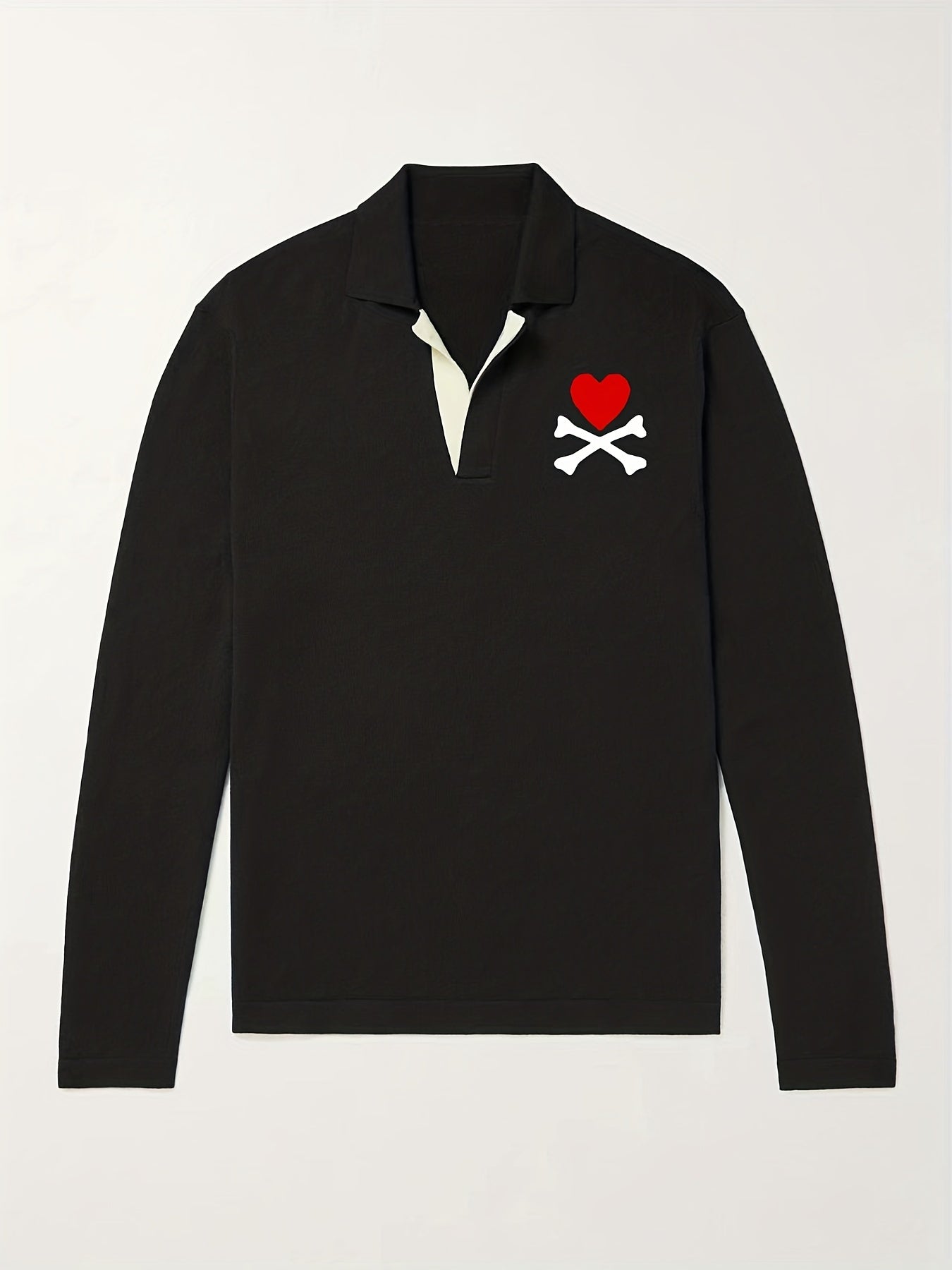 Heart Pattern Knit Polo Shirt Men's Casual Lapel Stretch V Neck Pullover