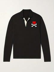Heart Pattern Knit Polo Shirt Men's Casual Lapel Stretch V Neck Pullover