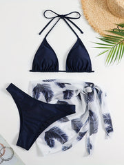 Feather Print Bikini Set Halter Neck Tie Back High Cut Cover Up Wrap Swimsuit