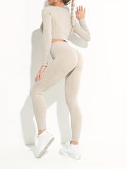 Rib Knit Yoga Set High Stretch Long Sleeve Top & Leggings Sports Suit