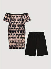 Spring & Summer 2pc Set Geo Print Off Shoulder Tops & Solid Slim Shorts