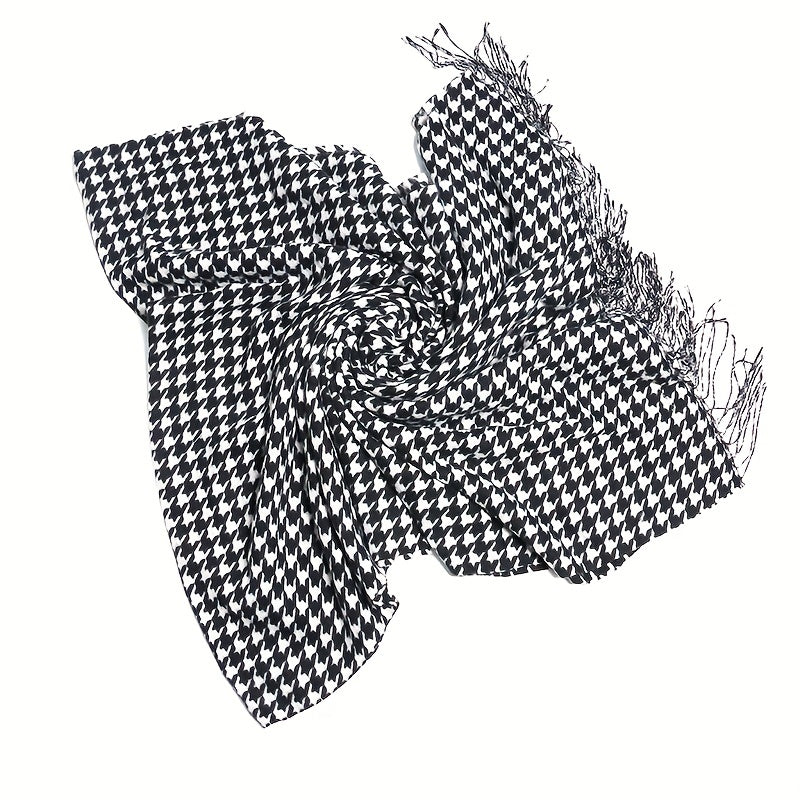 Houndstooth Fringe Trim Scarf Faux Cashmere Shawl Wrap