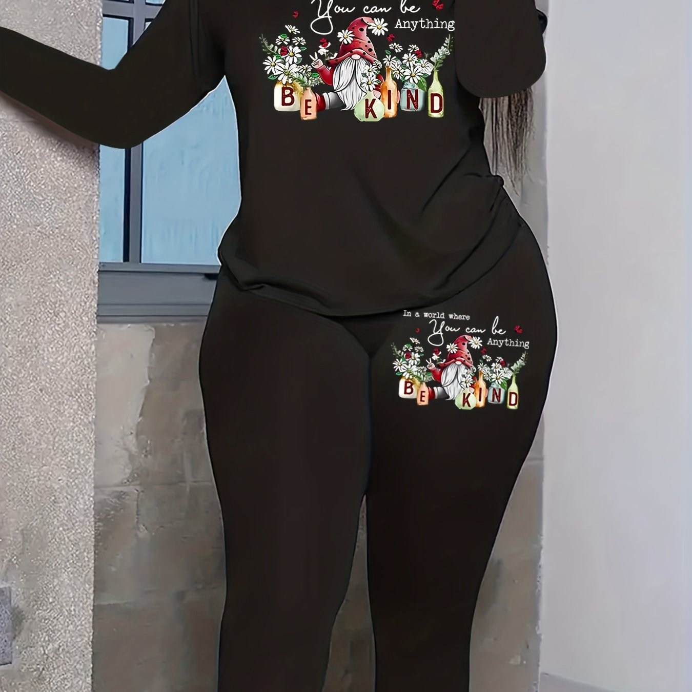 Dwarf & Slogan Print Long Sleeve Top & Leggings Set