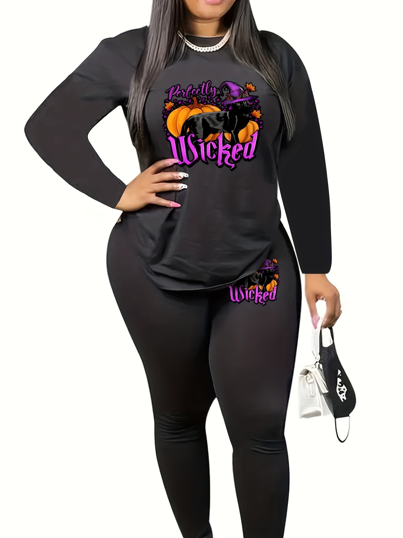Halloween 2pcs Set Women's Plus Graphic Print Tee & Leggings Set
