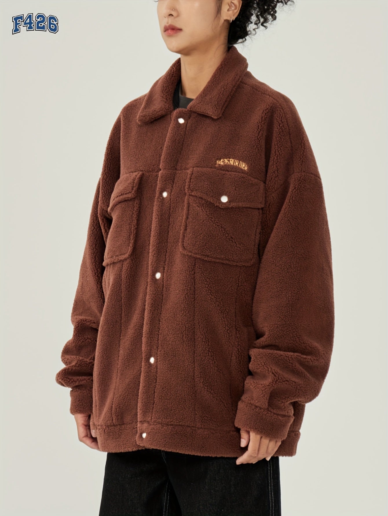 Letter Embroidery Lapel Jacket Teddy Coat for Women