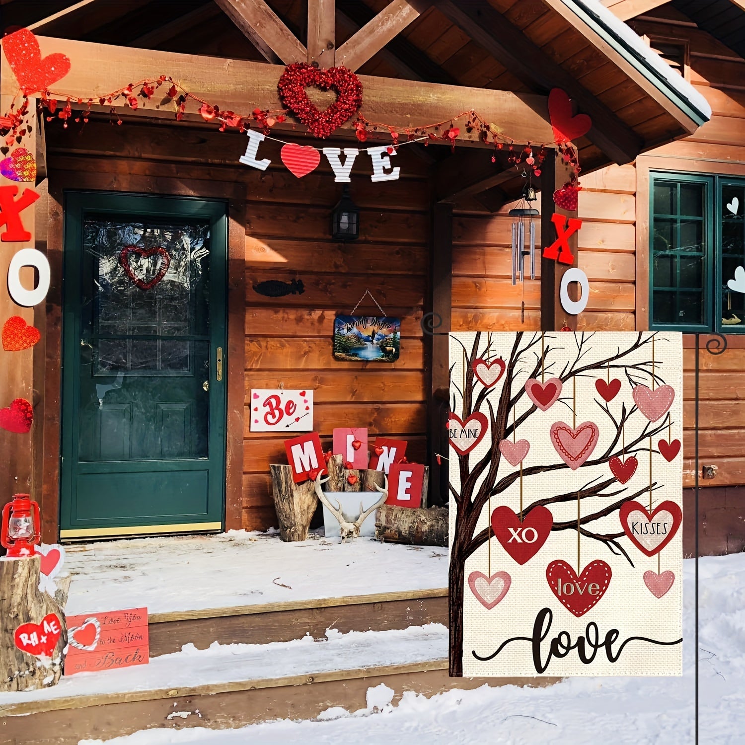 Valentines Garden Flag Double Sided Love Heart Tree Rustic Outdoor Flag