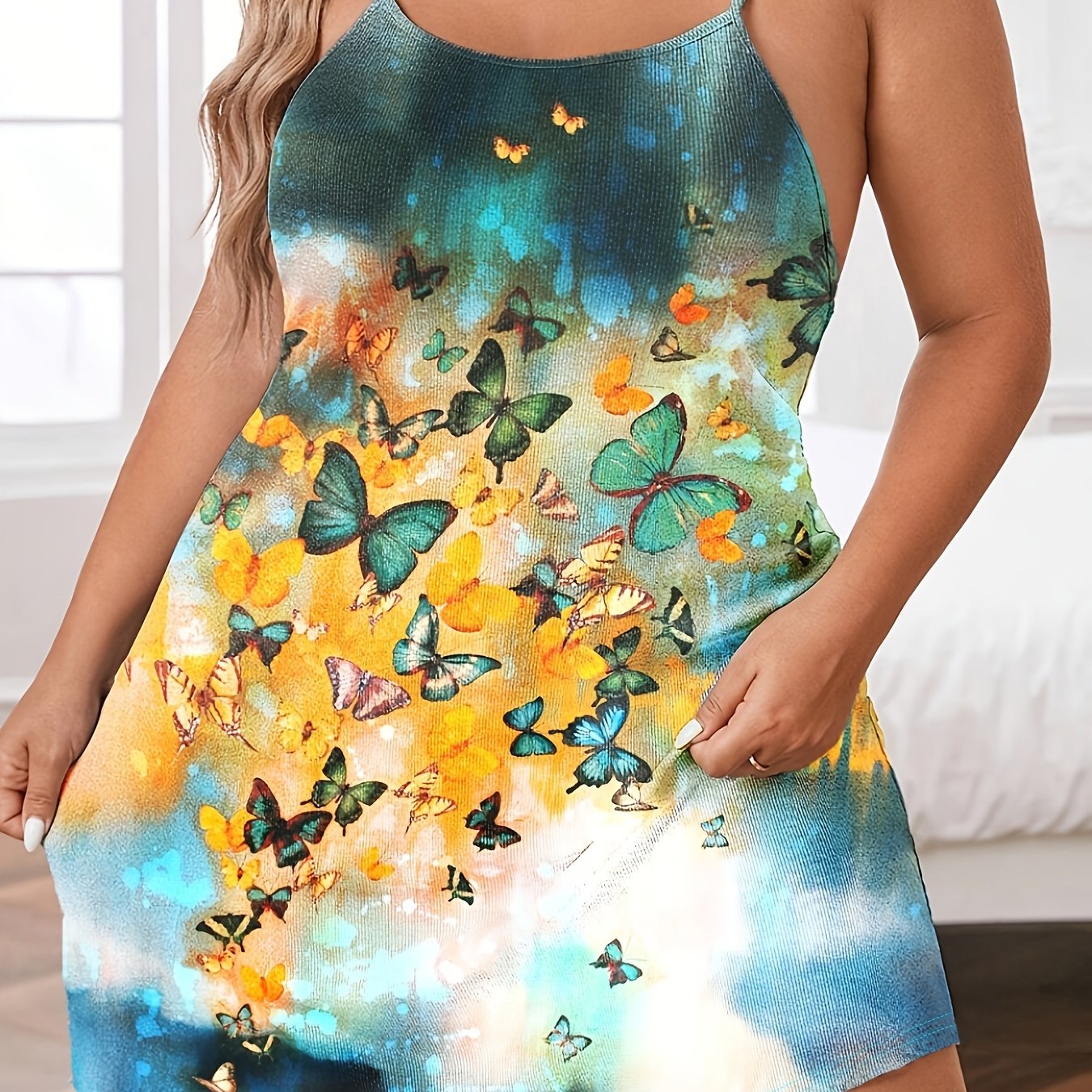 Tie Dye & Butterfly Print Crisscross Back Cami Nightdress