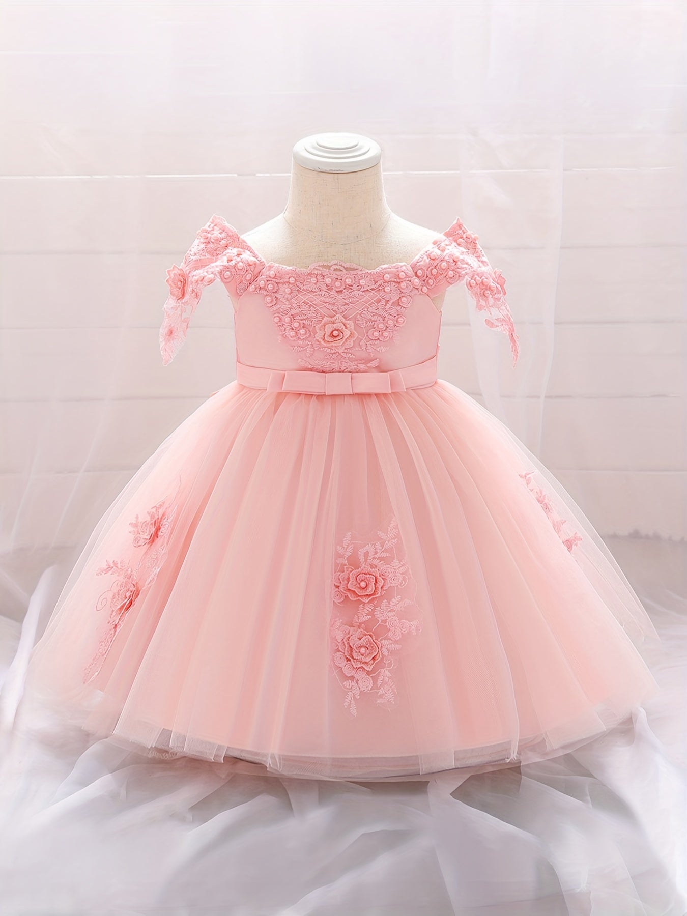 Baby Girls Gown Dress Floral Embroidery Off The Shoulder Mesh Princess Dress