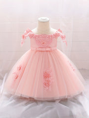 Baby Girls Gown Dress Floral Embroidery Off The Shoulder Mesh Princess Dress