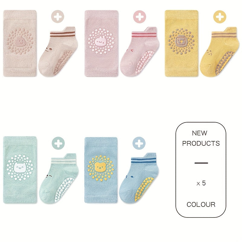 Baby Crawling Knee Pads & Anti-Slip Socks Set - Cartoon Animals Pattern