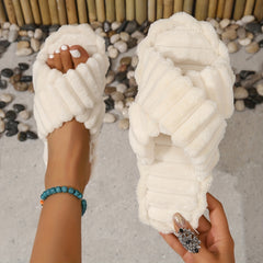 Women's Cross Strap Plush Slippers Lightweight Bedroom Slippers