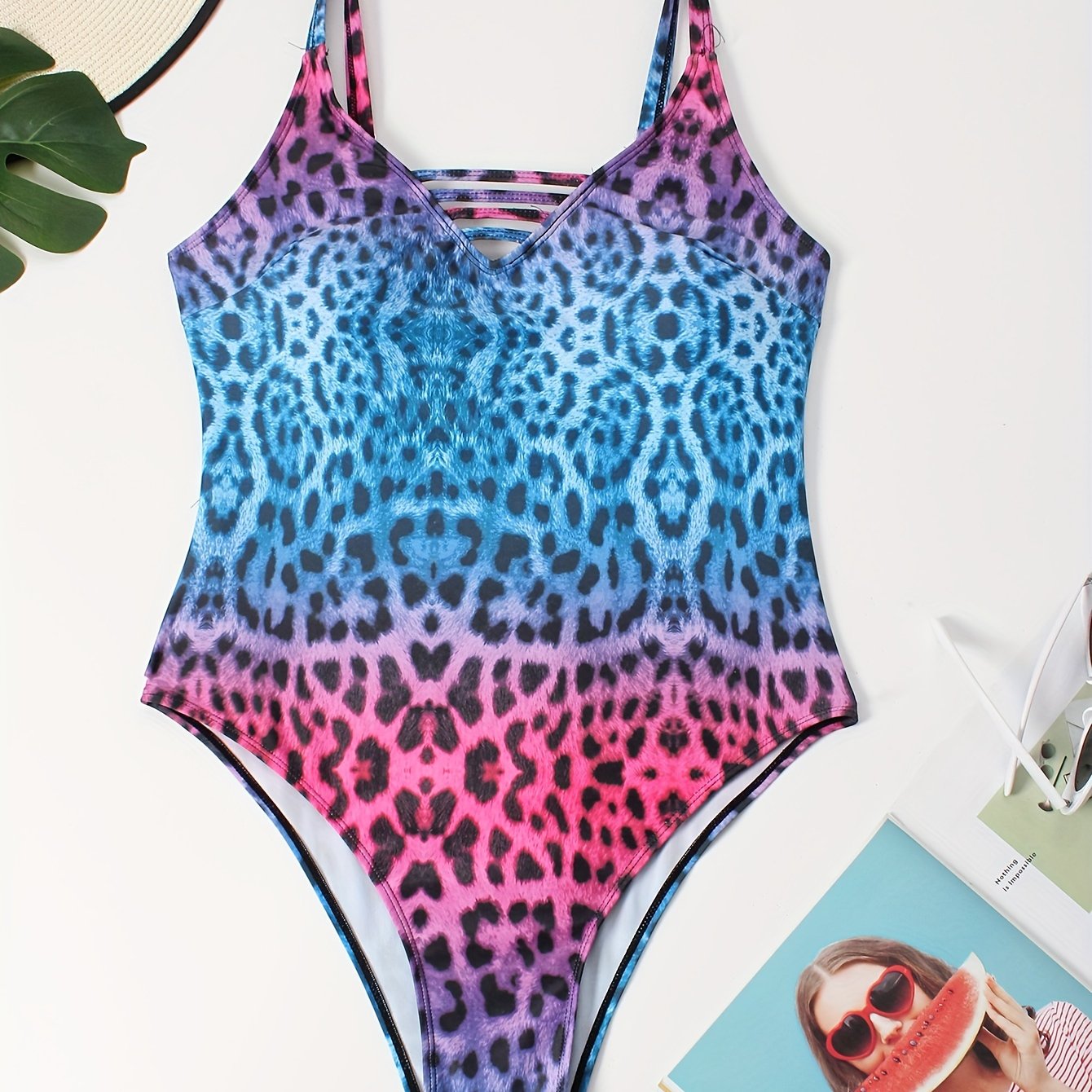 Sexy Swimsuit Ombre Leopard Print V Neck Padded One Piece