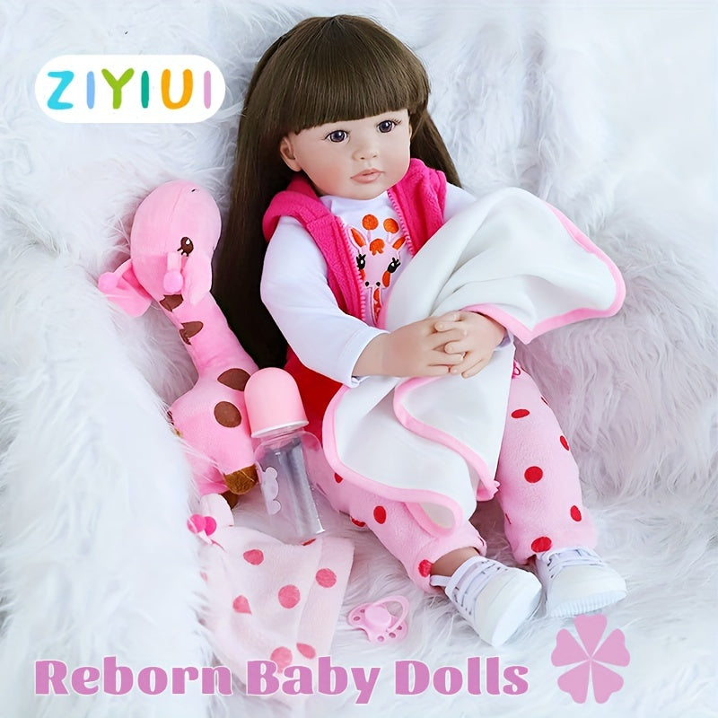 22" Realistic Silicone Vinyl Baby Doll Toy with Pink Giraffe Plush