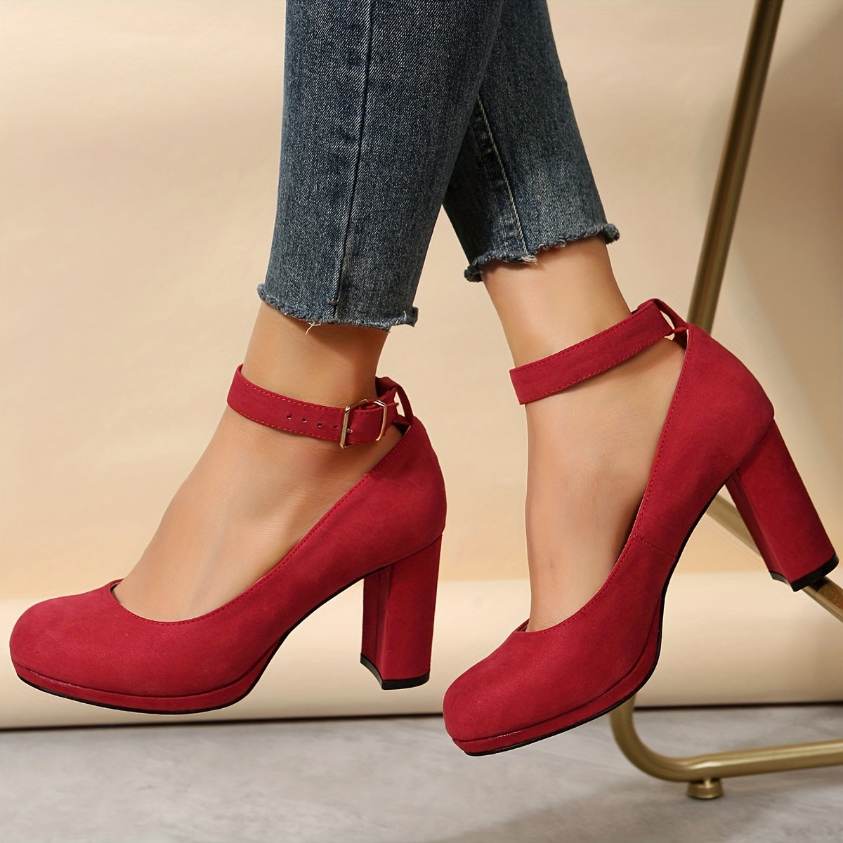 Red Block Heels Buckle Strap Pumps