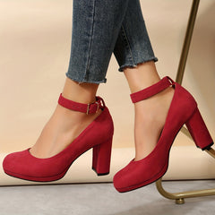 Red Block Heels Buckle Strap Pumps