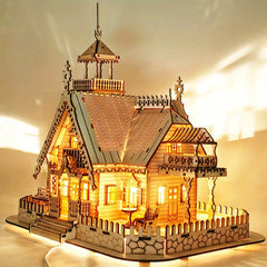 Wooden LED Villa Puzzle DIY Assembly Warm Yellow Lights Handcrafted Home Decor