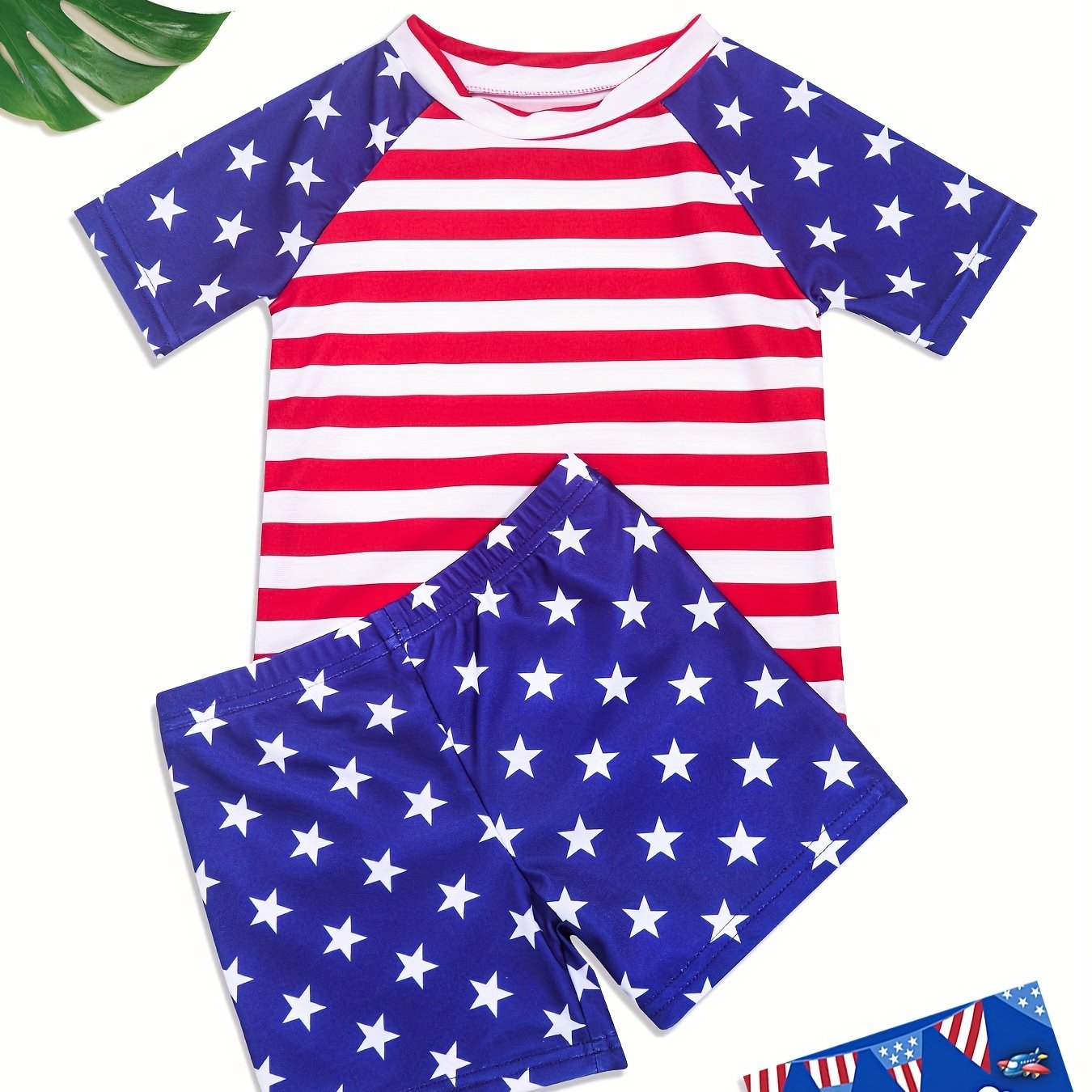 Boys Star And Stripe Swimming Suit Trunks & Tops For Beach Vacation