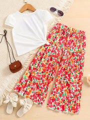 Girls Cartoon Portrait Print T-shirt & Polka Dot Pants Set for Summer