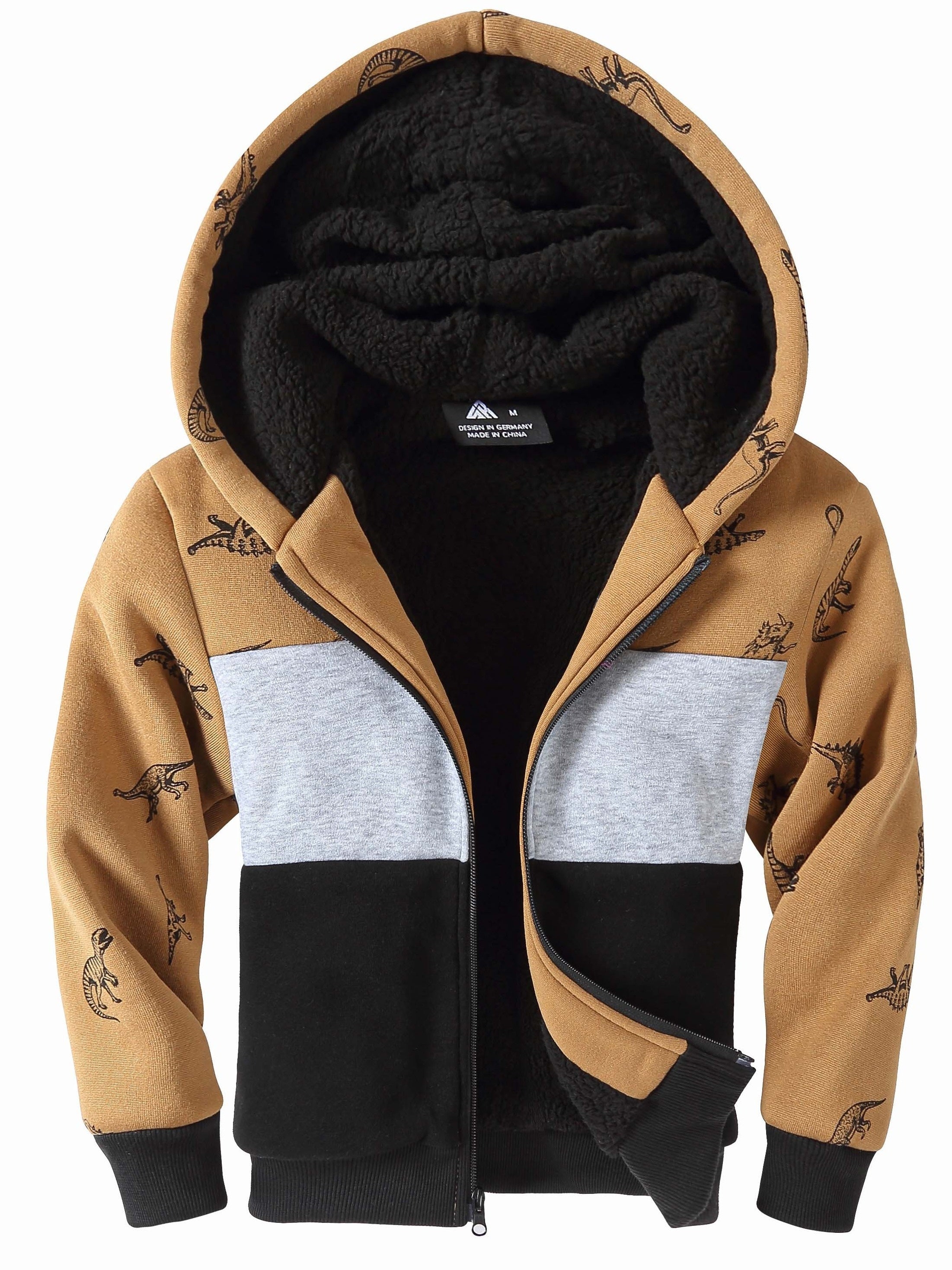 Boys Thick Hooded Sweatshirt Coat Kids Print Zip Up Outdoor Casual Warm Jacket
