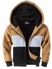 Boys Thick Hooded Sweatshirt Coat Kids Print Zip Up Outdoor Casual Warm Jacket