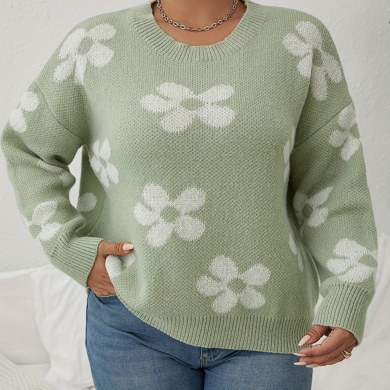 Floral Pattern Sweater Long Sleeve Round Neck Pullover