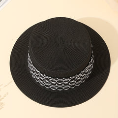 Straw Jazz Sun Hat Women Wide Strap Decor British Style Flat Top Fedora Cap