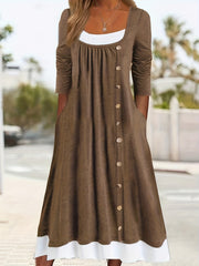 Colorblock Button Decor Long Sleeve Dress