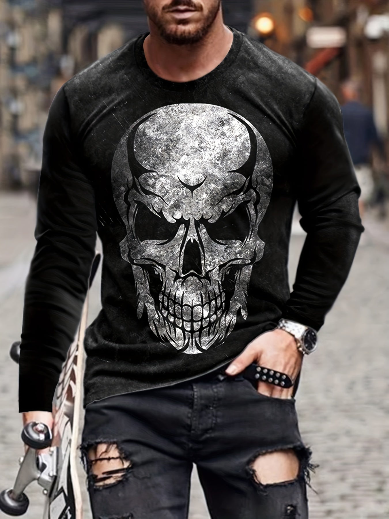 Skull 3D Print Men's Long Sleeve T-shirt Autumn Tees