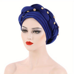 Pleated Turban Cap Flower Decor Twist Head Wrap Elastic Bonnet Beanie Chemo Hats