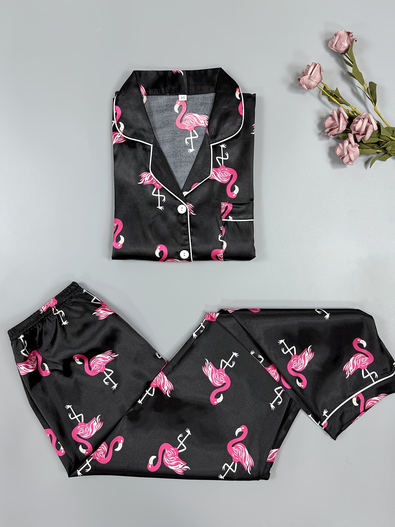 Flamingo Print Pajama Set Long Sleeve Top & Pants Women's Sleepwear
