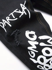 Boys Graffiti Letter Print Jeans Skinny Slim Fit Washed Denim Long Pants