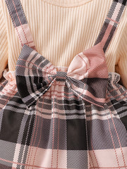 2pc Toddler Girls Bow Plaid Skirt Set Long Sleeve Knit Sweater Dress Headband