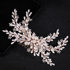 Golden Faux Pearls Hair Combs Rhinestone Headpiece Bridal Accessories