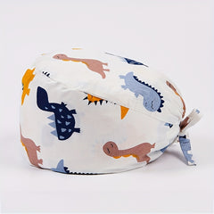 Cartoon Print Nurse Cap Scrub Cap with Button Elastic Adjustable Work Hat